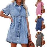 Faux Denim Button-down Mini Dress Women Summer Dress Short Sleeves A-line Lapel Patchwork Dress for Dating Commuting Party