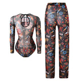 S - XXL New Printed Long Sleeve With Pants Women Swimwear One Piece Swimsuit Female Floral Padded Bather Bathing Suit Swim V7176