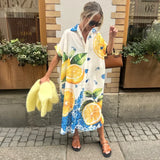 Lemon Print Shirt Dresses Women Fashion Short Sleeves Lapel Loose Single-breasted Shirts Long Dress Casual Lady Vacation Vestido