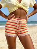 Women’s Bohemian Shorts Drawstring Waist Stripe Print Bodycon Knit Short Pants Beach Casual Shorts Streetwear