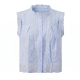 Summer Women’s Button Down Eyelet Tops Solid Color Sleeveless Round Neck Lace Trim Shirts Daily Casual Blouse Summer