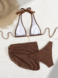Sexy Coffee Bikinis Sets Women Hollow Out Mesh Cover Up 3 Piece Swimsuit Beach Push Up Beach Bathing Suit High Waist Swimwear