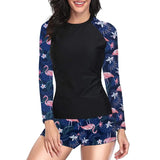 Women Two Pieces Vintage Print Rash Guard Swimwear Long Sleeve Shirt Shorts Surf Top Retro Print Running Shirt Split Swimsuit