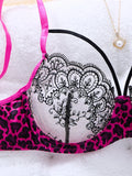 Magenta leopard print patchwork lace lingerie set-Sexy see-through chiffon demi-cup shaping bra thong set for two piece ZA825120