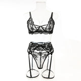 Embroidery Lingerie 3Pcs Sets Ultrathin Mesh Patchwork See Through Bras And Thongs Garter Suits Erotic Intimate Sexy Underwear