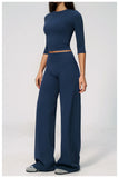 Women Tracksuit Yoga Sets Half Sleeve O Neck Slim Sports T Shirts Fitness Suit Outdoor High Waist Flare Pants Workout Clothes