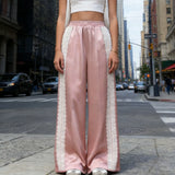 Elegant Solid Color Women's Satin Wide Leg Pants Lace Trim High Waist Loose Fit Trousers For Daily Vacation