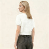 Women Spring Summer Soft Furry Sweater Solid Color Short Sleeve Round Neck Slim Fit Crop Tops