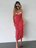 Ahagaga Fashion Women's Polka Dot Dresses Lace Patchwork Camisole Slit Slim Fit Sexy Female Casual Outfit Summer Beach Vestidos