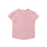 Women's Fashion Casual Puff Sleeve Casual Top Pink Puff Sleeve Knit Top Round Neck Ribbed Back Zipper Casual Style T-Shirt 60BW