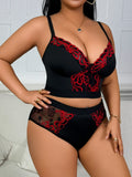 Black Red Embroidery Lace Splicing Lingerie Set Plus Size Wireless Minimizer Bra Sheer Breathable Seamless