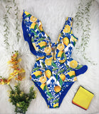 Sexy Ruffle Shoulder Swimsuit V-Neck Swimwear Women Backless Push Up Bathing Suit  Beach Wear 2024 Female Swimming Suit