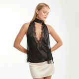 Women’s Solid Color Satin Halter Tops Lace Deep V Neck Backless Vest Summer Elegant Retro Sexy Sleeveless Shirts