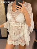 2026 New Sexy Lace See Through Long Sleeve Tunic Beach Cover Up Cover-ups Beach Dress Beach Wear Beachwear Female Women V4528