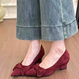 Vintage Suede Bow Wedge Single Femininity Commuter Mary Jane