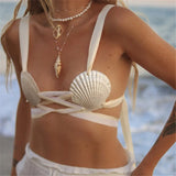 Women's Seashell Bikini Top White Ribbon Tie Straps Mermaid Core Swimwear for Beach Party and Summer Vacation