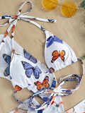 Long Sleeve Printed Halter Bikini Female Swimsuit Women Swimwear Four-pieces Bikini Set with Mesh Skirt Bathing Suit Beach Wear