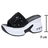 Wedge Heel Silver Sequin Sandals Women 2026 Fashion 9Cm Chunky Heeled Slippers Woman Plus Size 42 Thick Sole Platform Sandles