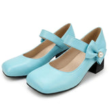 Plus Size 52 SkyBlue Mary Jane Heels Shoes Women Bow Pearl Decor Ankle Strap Square Toe 5cm Chunky Block Mid Heel Sweet Pumps