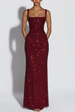 Women's Sequin Maxi Dress Burgundy Square Neck Sleeveless Bodycon Evening Gown Formal Party Prom Cocktail Mermaid Long Dresses