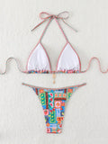 Sexy Tropical Print Bikini Set 2025 Women Halter Push Up Bra Thong Swimsuit Summer Holiday Bathing Suit Micro Swimwear Biquini