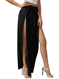 Women's Elastic High Waist Skirts Solid Color Side High Split Loose Fit  Long Skirts Beachwear