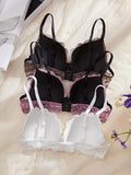 3PCS Daily Lace Trim Women's Underwear Set Rhinestone Push up Bra wite Underwire Soft & Stylish Female Slim Bra