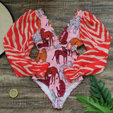 One Piece Swimsuit Sexy Long Sleeve Tropical Print Swimwear Women Bandage Monokini Hollow Out Bathing Suit String Beachwear 2023