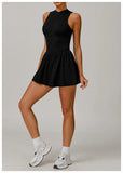 Women Front Zipper Tennis Dress Fake Two-piece Pieces Stand Up Collar Slim Fit Soft Sports Sets Fitness Pocket Skorts Yoga Suits