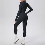New Women Yoga Set Solid Color Double-Sided Brushed Bare Feel Short Long-Sleeve Jacket Tight Pants Running Fitness 2-Piece Set