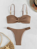 Front Knotted Metal Strap Ribbed Bikini Women Swimwear Female Swimsuit Two Pieces Bikini Set High Cut Bathing Suit Swim Beach