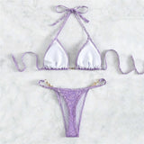 Purple Velvet Leopard Swimsuit Sexy String Halter Triangle Bikinis Sets De Mujer Micro Thong Swimwear Women Bikinis Bathing Suit