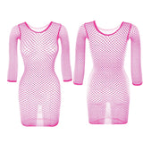 1PC Women Sexy Fishnet Beach Cover Up Long Sleeves Hollow Out Bodycon Dress See Through Summer Swimwear