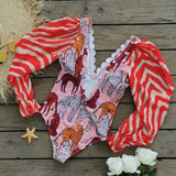 One Piece Swimsuit Sexy Long Sleeve Tropical Print Swimwear Women Bandage Monokini Hollow Out Bathing Suit String Beachwear 2023