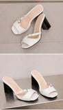 Summer New Fashion Open Toe Solid Color Simple Leather Surface Versatile Color Large Slippers Square Heel Shoes Women