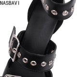 NASBAVI Black Punk Gothic High Heels Sexy Plus Size Pointed Toe Fashion Buckle Rivet Women Pumps Wedding Shoes Stiletto Heels