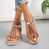 String Bead Wedge Heels Gladiator Sandals Women 2026 Summer Chunky Platform Sandles Woman Elastic Strap Plus Size Sandalias 43