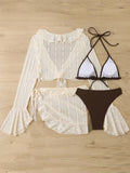 Women micro mini halter bikini sets 4 pieces with ruffles perspective cover tops and skirt swimsuit bathing suit beach outfits