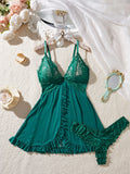 Sexy Lace Lingerie Set for Women, Red Sleepwear Nightdress with Matching Panties, V-Neck Sheer Lace Camisole, Romantic Night
