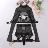 Toucheart Sexy Lingerie Set For Women Hollow Mesh See-through Sexy Temptation Free Underwear Long Sleeves Garters Lingerie Set