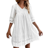 Boho Dress For Women Casual Summer Lace Dresses V Neck Short Sleeve Beach Sundress Swing Vestidos Fashion Slim Lace Plus Size