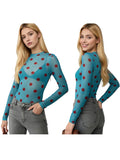 Women’s Spring Summer Crew Neck Mesh T-Shirts Long Sleeve Dots Print Slim Fit Transparent Classic Tops