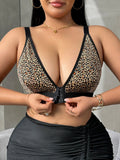 Plus Size Women's Leopard Print Push Up Bra, Front Closure Deep V Neck, Unlined Wireless Sexy Lingerie