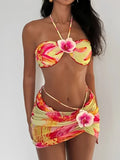 3D Floral Halter Bandeau Bikinis 2026 Padded Swimsuit Women 3 Pieces Swimwear Female Bather Bathing Swimming Swim Suit Beachwear