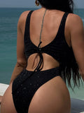 Glitter Sparkling Cut Out Backless One Piece Swimsuit Women Swimwear Female High Cut Leg Bather Bathing Suit Swim Lady Beachwear