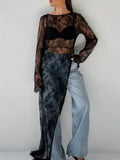 Woman Clothing 2026 O-neck Hollow Out High Slit Long Maxi Lace Dress Black Streetwear Ladies See-through Black T-shirt Dresses