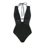 S - XL Deep V Neck Knit Fish Net Mesh Women Swimwear One Piece Swimsuit Female Monokini Backless Bather Bathing Suit Swim V7832