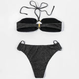 ZTVitality Shiny Black Women Swimsuit Sexy Bikini 2022 New Arrival Halter Padded Bandage Ring Beach Swimwear Brazilian Biquini