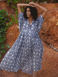 Foridol Lantern Half Sleeve Cyan Bohemian Beach Midi Loose Dress Summer for Women Tie Up Casual Floral Holiday Midi Vestidos