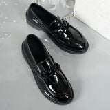 Chain Decor Patent Leather Women's Loafers Comfortable Slip On Med Heel Student Shoes Woman Plus Size Point Toe Oxford Shoes 42